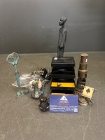 Lot of Small Metalware Inc Brass Microscope - Fly Tying Kit - Fly Storage Box