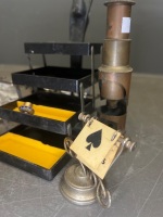 Lot of Small Metalware Inc Brass Microscope - Fly Tying Kit - Fly Storage Box - 4