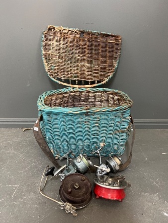 Vintage Cane Fishing Creel and Reels