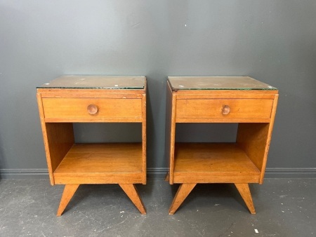 Pair of Glass Top Wooden Bedside Tables