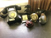 Vintage Bakelite Rotary Dial Phone + Clock, Ornaments Etc