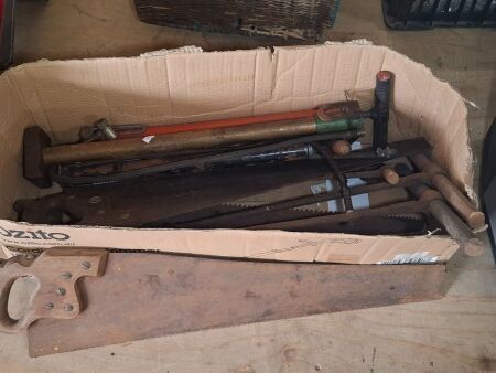 Box of Saws, Hand-Drills and Bike Pumps