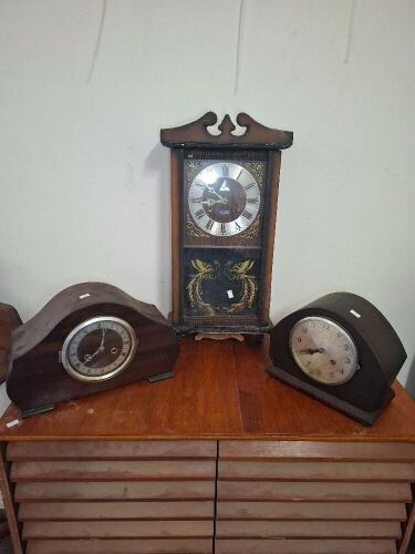 2 x Wooden Mantle Clocks and 1 x Wooden Hanging Clock