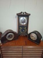 2 x Wooden Mantle Clocks and 1 x Wooden Hanging Clock