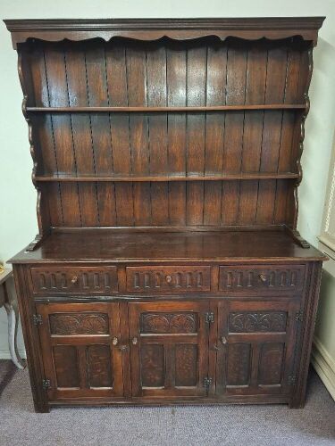 Mid-Century Oak Dresser with Plate Rack