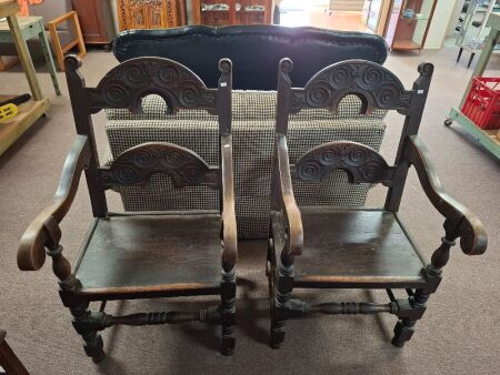 2 x Antique Victorian Era Carved Oak Revival Dining Armchairs