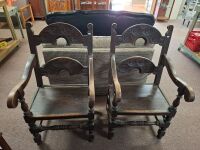 2 x Antique Victorian Era Carved Oak Revival Dining Armchairs