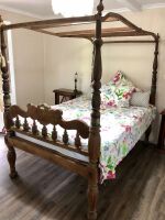 Antique Carved Hardwood Petite 4 Poster Double Bed with Brass Fittings & Pegged Joints