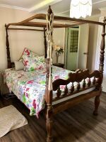 Antique Carved Hardwood Petite 4 Poster Double Bed with Brass Fittings & Pegged Joints - 2