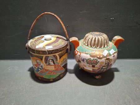 Asian Hand Painted Biscuit Jar and Incense Burner