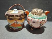 Asian Hand Painted Biscuit Jar and Incense Burner - 2