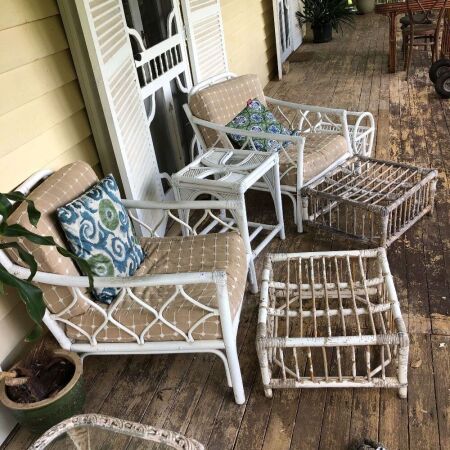 2 Shabby Painted Cane Armchairs, Side Table, 2 Foot Stools + Mag Rack