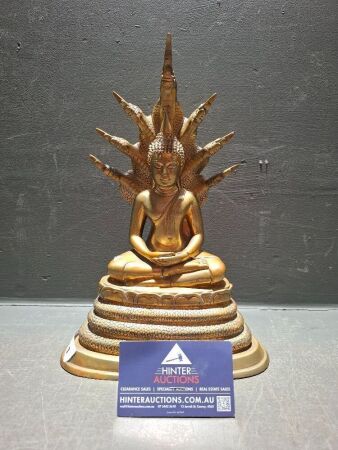 Vintage Brass Naga Buddha Statue - Seated Meditation Beneath Hood of Seven- Headed Serpent