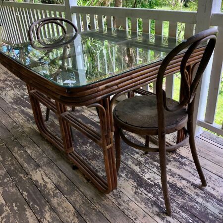 Vintage Art Deco Style Cane Table wih Replaced Glass Top + 2 Bentwood Chairs