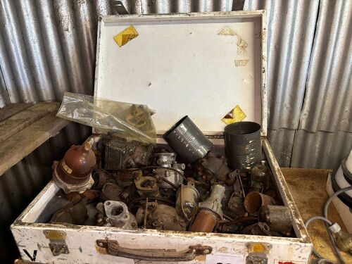Wooden box of mostly carberettas