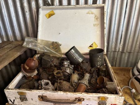 Wooden box of mostly carberettas