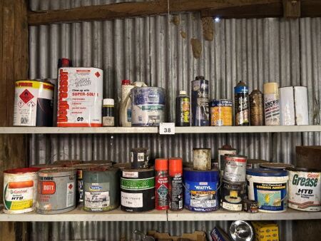 2 shelves of various consumables - paints, solvents etc