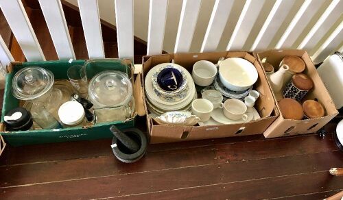 Asstd Lot of 3 Boxes of Kitchen Glass & Ceramics