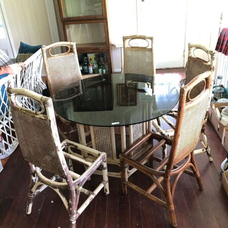 6 Piece Vintage Cane & Smoked Glass Topped Dining Set