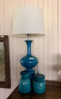 Asstd Lot of Retro Blue Glass + Large Blue Lamp