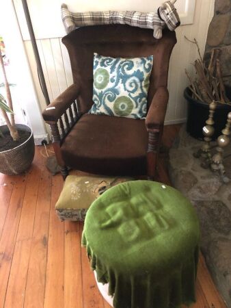 Vintage Upholstered Chair on Original Castors + Embroidered Footstool + Pouffe