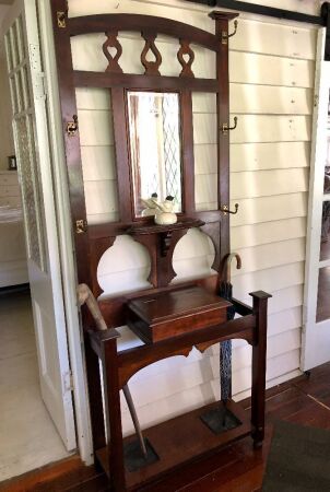 Antique Hall Stand with Original Brass Knobs & Tin Drip Trays