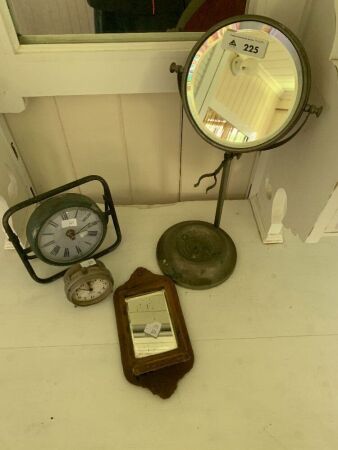 Asstd Lot inc. Vintage Bevelled Shaving Mirror + Folding Mirror & 2 Small Clocks