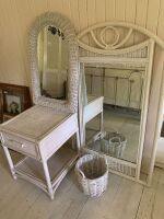 2 Shabby Painted Cane Framed Mirros, Bedside Table + Basket