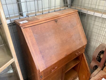 Silky oak drop down writing desk with contents