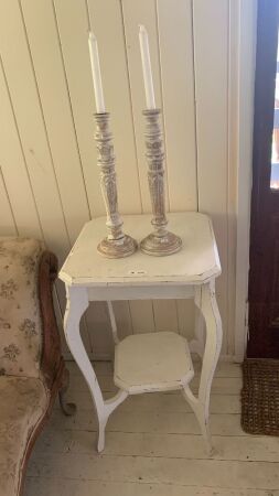 Small Shabby Side Table + Pair Timber Candlsticks