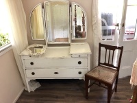 Shabby Dressing Table, Wall Mirror & Caned Chair