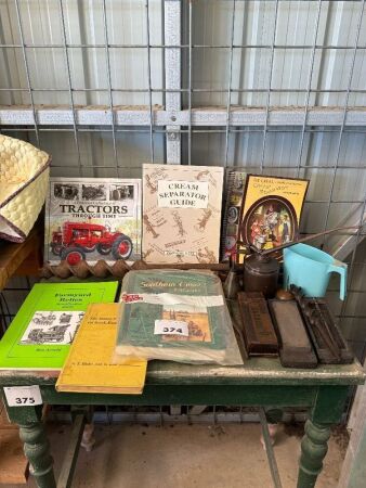 Assortment of vintage machinery books, oilers, sharpening stones etc