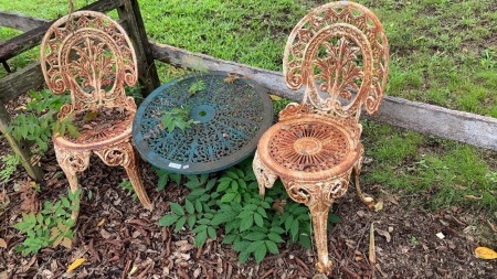 2 Cast Iron Garden Chairs + Short Table - Leg Ends Have Been Cut Off