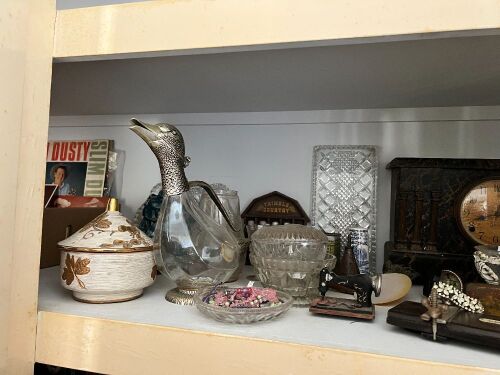 Half Shelf Lot of Sessions Mantle Clock and Assorted Goods