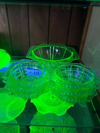 7 x Art Deco Dessert Set Uranium Glass