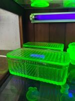 2 x Uranium Glass Double Butter Dishes
