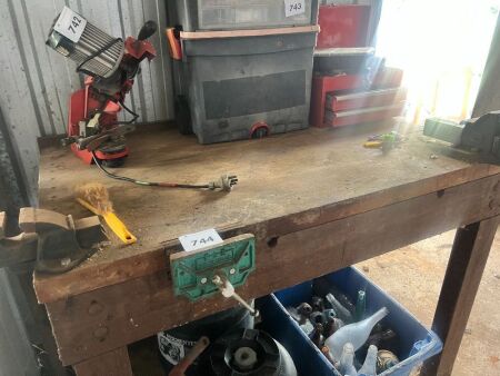Wooden workshop bench with attached vices