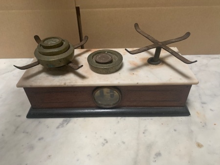 Pair Antique Kitchen Scales with Marble Top & Brass Weights - No Pans