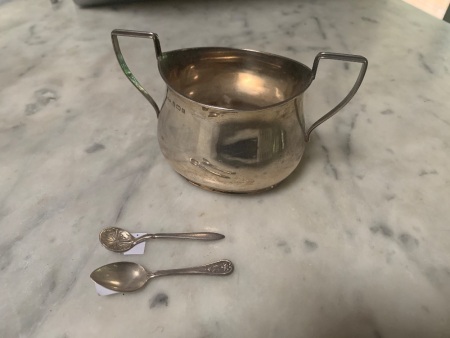 Sterling Silver 2 Handled Sugar Bowl + 2 Sterling SilverÂ  Salt Spoons