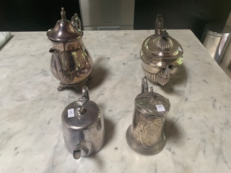 4 Antique Silver Plated Coffee, Tea & Water Pots