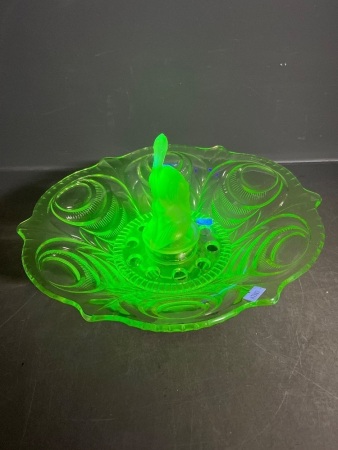 Art Deco Uranium Glass Bowl with Frosted Pelican Centrepiece