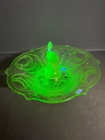 Art Deco Uranium Glass Bowl with Frosted Pelican Centrepiece