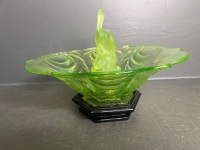 Art Deco Uranium Glass Bowl with Frosted Pelican Centrepiece - 2