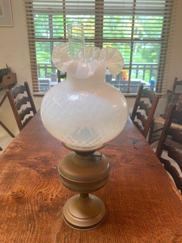 Vintage Brass Kero Lamp with Frilled Opaline Glass Shade