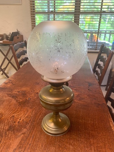 Vintage Brass Kero Lamp with Etched Glass Shade - No Funnel