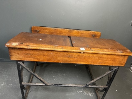 Vintage Double School Desk with Steel Frame and Timber Top With Original Porcelain Ink Well