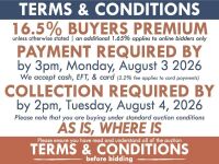 TC & CS - ADDITIONAL FEES &bull;Buyers premium - 16.5% (inc) unless otherwise stated &bull;Online bidding fee - 1.65% (inc) PAYMENT &bull;Deadline: 3pm, Monday, 03/08/2026 &bull; Payment methods: Cash, EFT, Card (2.2% fee on card payments) COLLECTION & SHIPPING &bull;Collection 