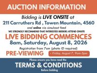 AUCTION INFORMATION - Bidding is live ONSITE at 211 Carruthers Rd, Towen Mountain, 4560 & online via web feed (simulcast). It is strongly recommended that interested bidders attend the auction onsite | LIVE BIDDING COMMENCES: 8am, Saturday, August 8, 2026