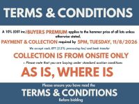 10% BUYERS PREMIUM APPLIES TO ALL AUCTION LOTS UNLESS ADVISED (An additional 1.65% fee applies to online bidders) PAYMENT REQUIRED by 09/08/26 - We accept cash, EFT, card (2.2% fee applies to card payments) COLLECTION REQUIRED by 11/08/26 - PLEASE N