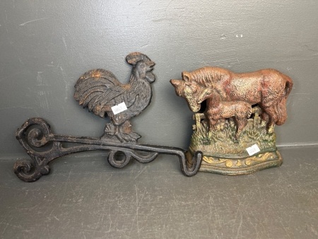 Vintage Cast Iron Rooster Wall Hook and Horse Doorstop